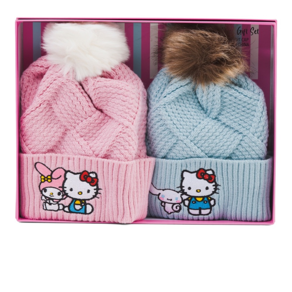 NIB Hello Kitty & Friends Pink and Blue Beanie Set with Pom-Poms
